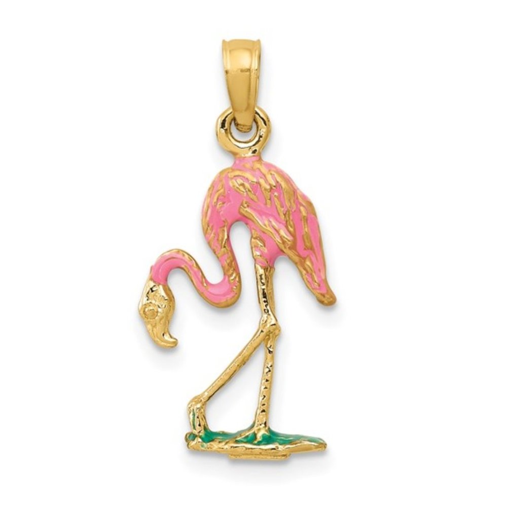 14k Yellow Gold Solid Pink Enamel 3-D Small Flamingo Necklace Charm Pendant